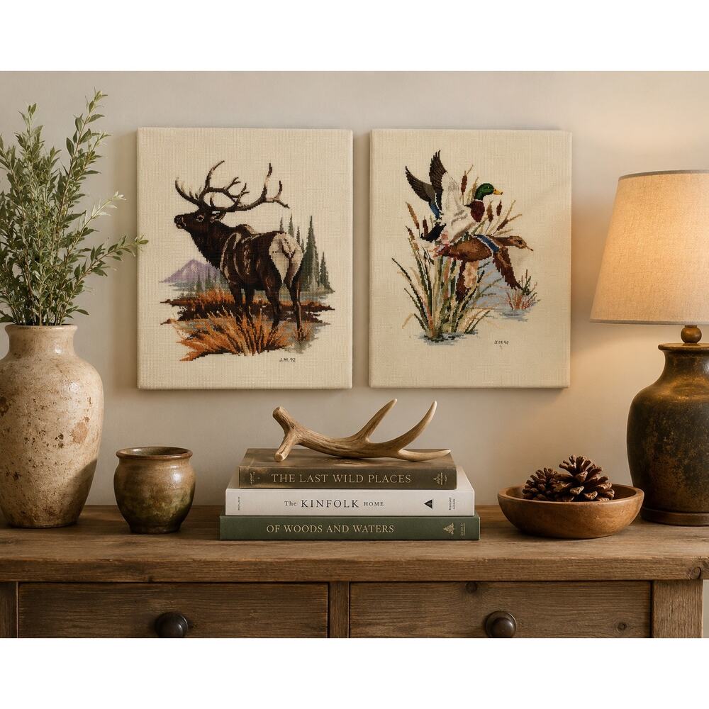Vintage Framed Wildlife Needlepoint Pair Deer & Ducks Cabin Lodge Wall Art Decor
